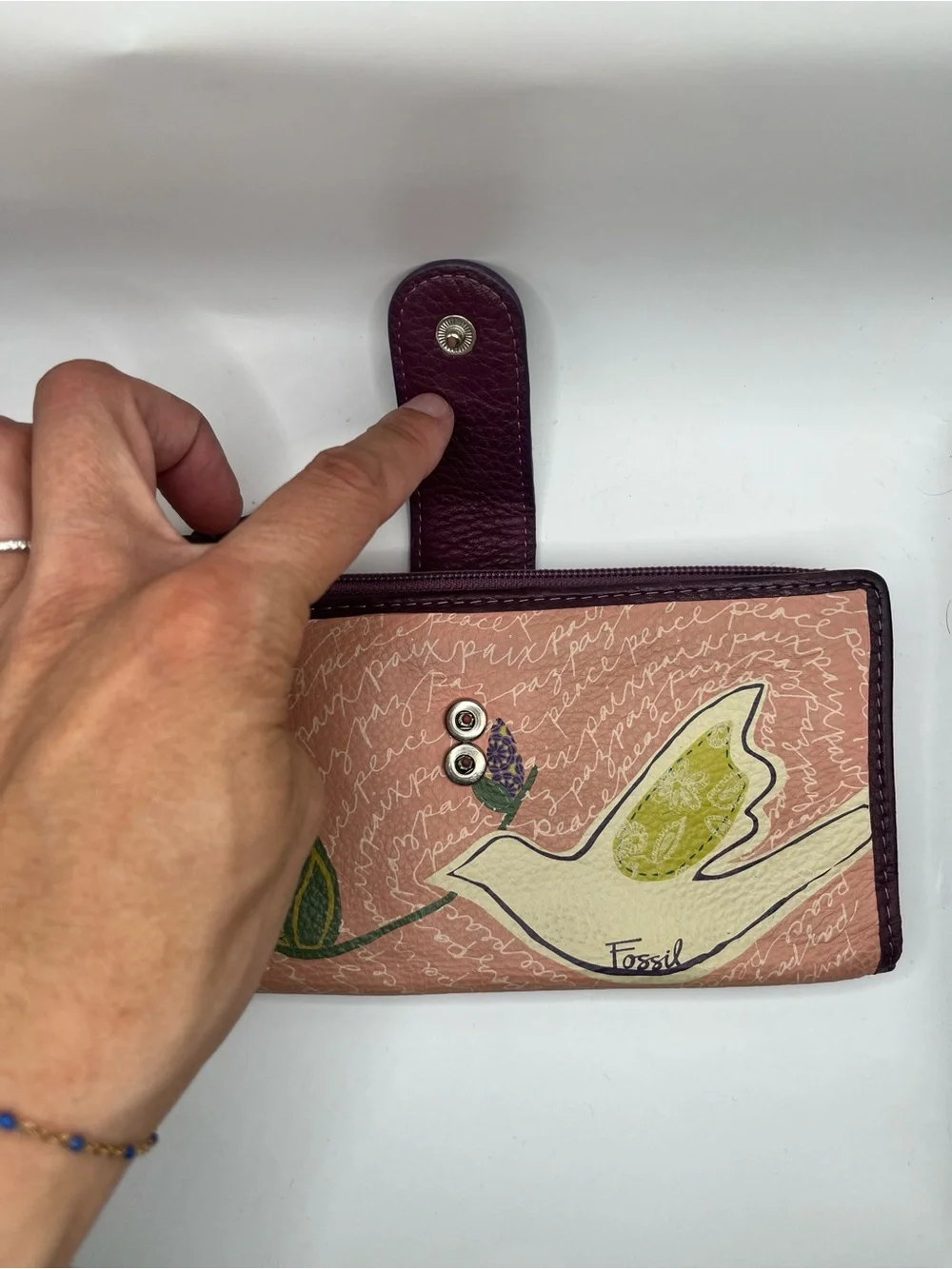 Fossil Pink Bird & Floral Leather Zip Wallet with Plum Trim